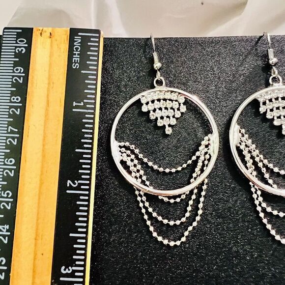 Rhinestone Dangle Earrings Drop Pierced Silver Tone Circle Bead Chains 2.5” - Picture 8 of 8
